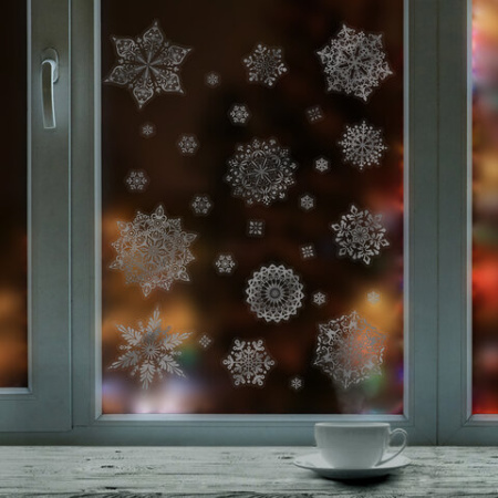 Наклейка для окон двусторонняя МНОГОРАЗОВАЯ 30х38 см, "Снежинки", фольга, серебро, ЗОЛОТАЯ СКАЗКА, 591928 - Новогодний декор
