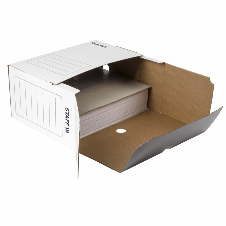 Короб архивный с клапаном А4 (260х325 мм), 150 мм, до 1400 листов, микрогофрокартон, БЕЛЫЙ, STAFF, 128866 - Короба архивные
