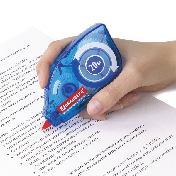 Корректирующая лента BRAUBERG 5 мм х 20 м, корпус синий, механизм перемотки, блистер, 227799 - Корректирующие ленты