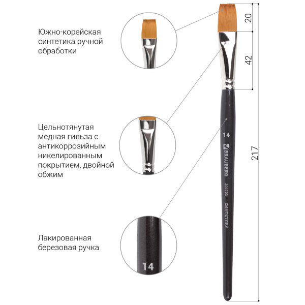 Кисть художественная проф. BRAUBERG ART CLASSIC, синтетика мягкая под колонок, плоск, № 14, кор руч, 200702 - Кисти художественные из синтетического волоса