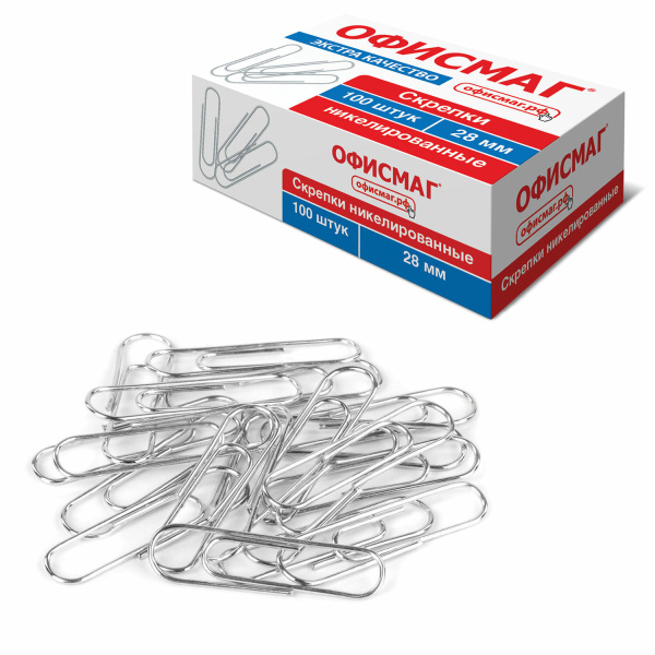 Скрепки ЭКСТРА ОФИСМАГ 28 мм никелированные 100 штук, 271315 - Скрепки канцелярские