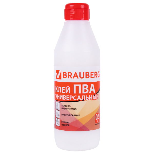 Клей ПВА BRAUBERG, 0,5 кг, универсальный (бумага, картон, дерево), 600982 - Клей ПВА