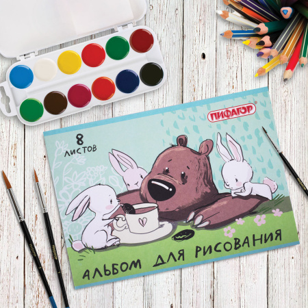 Альбом для рисования А4 8 л., скоба, обложка офсет, ПИФАГОР, 203х288 мм, "Непоседы" (2 вида), 106686 - Альбомы и папки для рисования