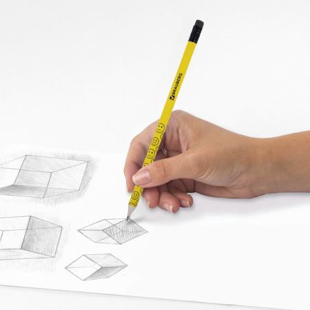 Карандаш чернографитный BRAUBERG, 1 шт., "Смайлики", НВ, c ластиком, корпус желтый, заточенный, 180654 - Карандаши чернографитные