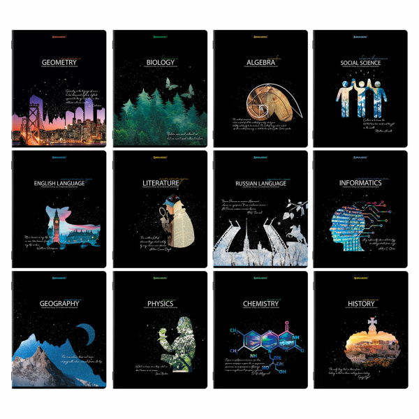 Тетради предметные, КОМПЛЕКТ 12 ПРЕДМЕТОВ, "СИЯНИЕ ЗНАНИЙ", 48 л., глянцевый УФ-лак, BRAUBERG, 404607 - Тетради предметные