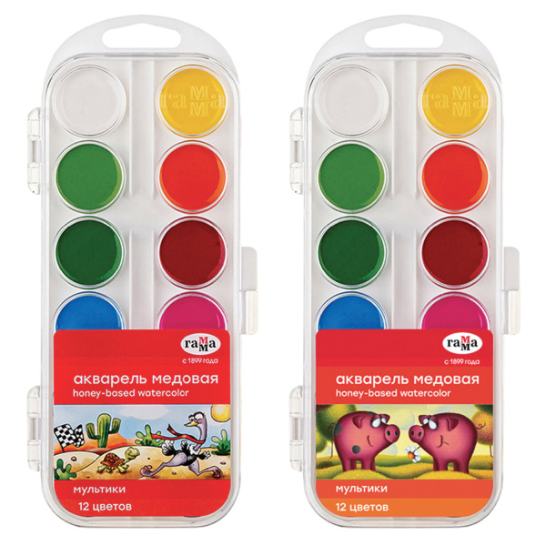 Краски акварельные ГАММА "Мультики NEW", 12 цветов, медовая, пластиковый корпус, европодвес, 211046_12