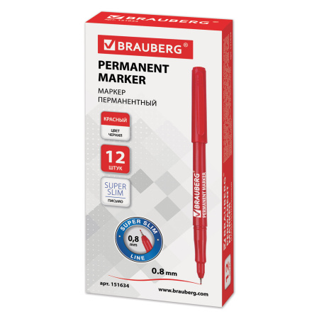 Маркер перманентный BRAUBERG "Super Slim", КРАСНЫЙ, тонкий металлический наконечник 0,8 мм, 151634 - Маркеры перманентные