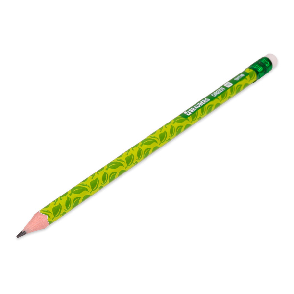 Карандаш чернографитный BRAUBERG "GREEN", 1 шт., HB, с ластиком, пластиковый, ассорти, 181746 - Карандаши чернографитные