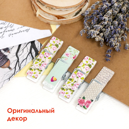 Прищепки декоративные широкие "Шебби-шик", 4 штуки, 7,2 см, ассорти, ОСТРОВ СОКРОВИЩ, 662679 - Прищепки для творчества