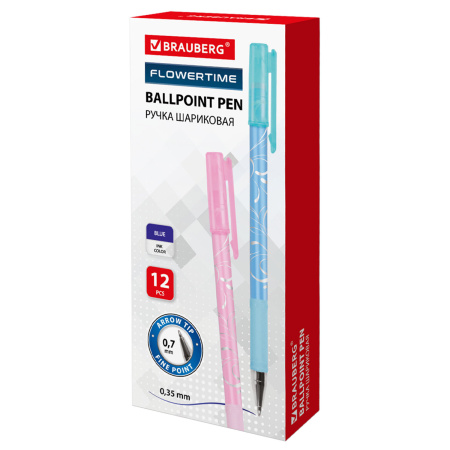 Ручка шариковая BRAUBERG "Flowertime", СИНЯЯ, корпус ассорти, узел 0,7 мм, линия письма 0,35 мм, 141539 - Ручки шариковые неавтоматические