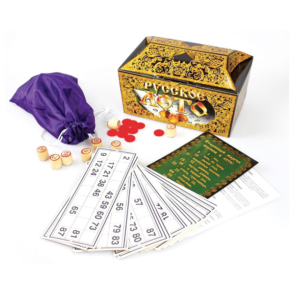 Игра настольная "Русское лото" в картонном ларце, 90 бочонков, жетоны, 24 карточки, 10 КОРОЛЕВСТВО, 00142 - Настольные игры