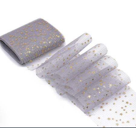 Фатиновая лента с золотыми звездами, цвет серый, ширина 8 см (45 см)