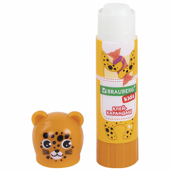 Клей-карандаш "Зверята: панда, слон, леопард", 9 г, фигурный колпачок, BRAUBERG KIDS, 271139 - Клей-карандаш