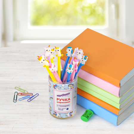 Ручка с топпером шариковая ЮНЛАНДИЯ "Единорог", корпус ассорти, СИНЯЯ, пишущий узел 0,7 мм, 143805 - Ручки фигурные