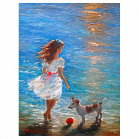 Картина стразами (алмазная мозаика) 40х50 см, ОСТРОВ СОКРОВИЩ "Девочка с собачкой", без подрамника, 662588 - Алмазная вышивка