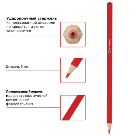 Карандаши цветные акварельные BRAUBERG "АКАДЕМИЯ", 18 цветов, шестигранные, высокое качество, 181399 - Карандаши цветные акварельные
