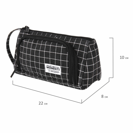 Пенал-косметичка BRAUBERG с ручкой, 1 откидная планка, полиэстер, 22x10х8 см, "Checkered black", 271559 - Пеналы мягкие