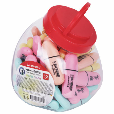 Текстовыделитель мини BRAUBERG "PASTEL Mini", АССОРТИ В ПЛАСТИКОВОЙ БАНКЕ, линия 1-5 мм, 152432 - Текстовыделители