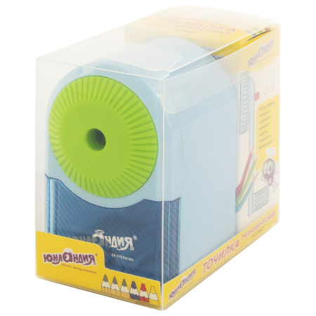 Точилка механическая ЮНЛАНДИЯ "Basic", для ч/гр и цветных карандашей, крепление к столу, корпус голубой с зеленым, 228627 - Точилки механические