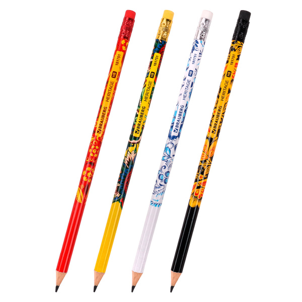 Карандаш чернографитный BRAUBERG "HERITAGE", 1 шт., HB, с ластиком, корпус ассорти, 181751 - Карандаши чернографитные