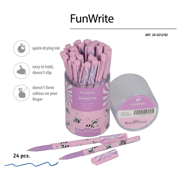 Ручка шариковая BRUNO VISCONTI FunWrite, СИНЯЯ, "Lolipop.Енотики", узел 0,5 мм, линия письма 0,38 мм, 20-0212/62 - Ручки шариковые неавтоматические