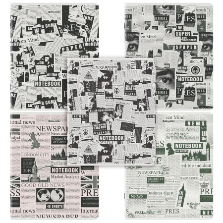 Тетрадь А5, 48 л., BRAUBERG, скоба, клетка, TWIN-лак, "Газета" (микс в спайке), 404356 - Тетради 40-48 листов