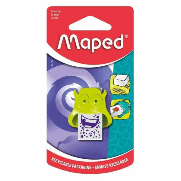 Ластик MAPED "Little Monster", 65х12,5х18 мм, пластиковый футляр в виде монстра, ассорти, блистер, 127710 - Ластики классические