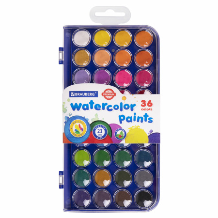 Краски акварельные BRAUBERG "PREMIUM" 36 цветов, круглые кюветы 23 мм, пенал, 191746 - Краски для детского творчества