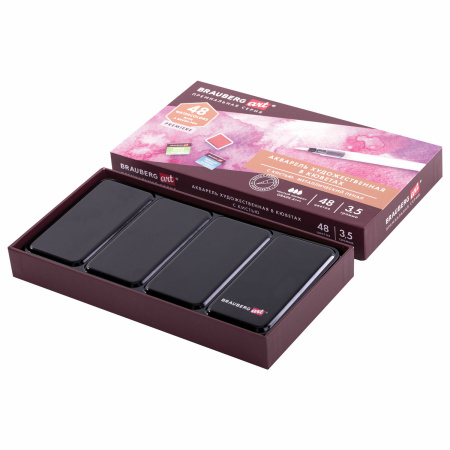 Акварель художественная кюветы НАБОР 48 цветов по 3,5 г, металлический кейс, BRAUBERG ART PREMIERE, 191775 - Акварель художественная в наборах