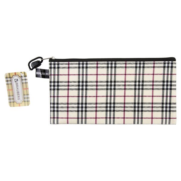 Папка-конверт на молнии МАЛОГО ФОРМАТА (255х130 мм), ткань в клетку, BRAUBERG "Checked", 223894 - Папки-конверты на молнии