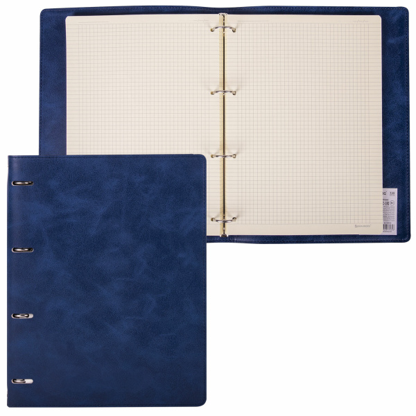 Тетрадь на кольцах БОЛЬШАЯ А4 (240х310 мм), 120 листов, под кожу, клетка, BRAUBERG "Main", синий, 404510 - Тетради на кольцах и сменные блоки к ним