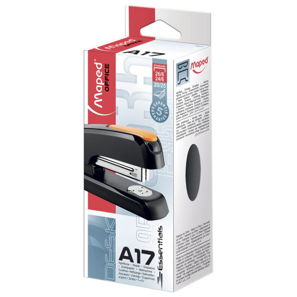 Степлер №24/6, 26/6 MAPED (Франция) "Essentials Desk", до 25 листов, черно-оранжевый, 953511 - Степлеры настольные