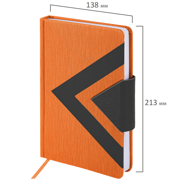 Ежедневник недатированный А5 138x213 мм BRAUBERG "Waves" под кожу, застежка 160 л., оранжевый/черный, 111878 - Ежедневники с покрытием "под кожу и ткань"