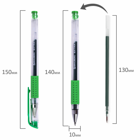 Ручка гелевая с грипом BRAUBERG "EXTRA GT", ЗЕЛЕНАЯ, стандартный узел 0,5 мм, линия 0,35 мм, 143922 - Ручки гелевые неавтоматические