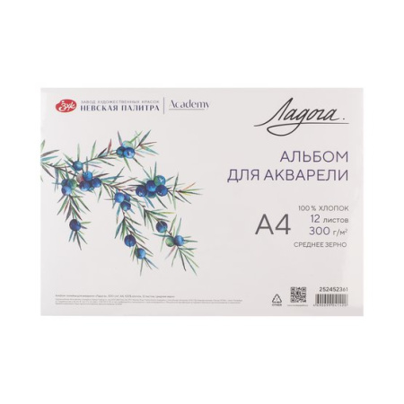 Альбом-склейка для акварели "Ладога", 300 г/м2, А4, 100% хлопок, 12 листов, среднее зерно