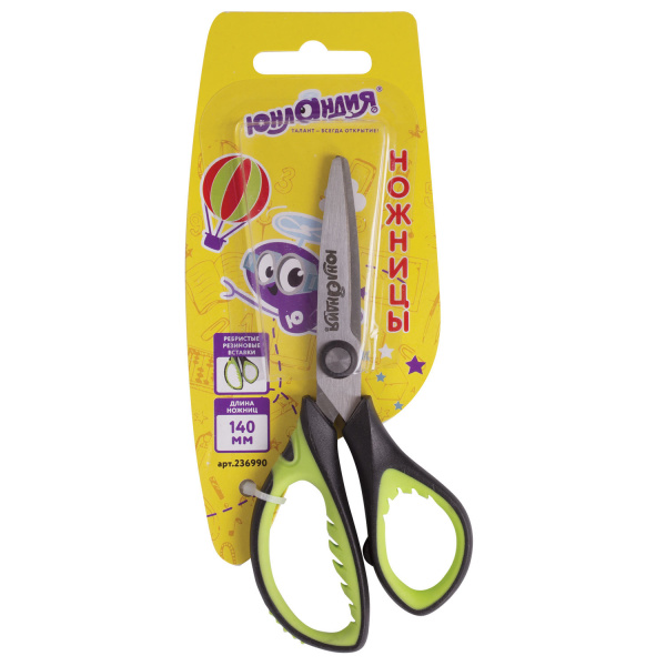 Ножницы ЮНЛАНДИЯ "BASIC", 140 мм, ребристые резиновые вставки, черно-салатовые, европодвес, 236990 - Ножницы детские
