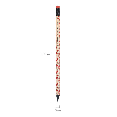 Карандаш чернографитный BRAUBERG "HEARTS", 1 шт., HB, с ластиком, корпус ассорти, 181762 - Карандаши чернографитные