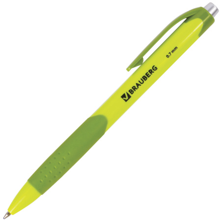 Ручка шариковая автоматическая с грипом BRAUBERG "Juicy", СИНЯЯ, корпус ассорти, узел 0,7 мм, линия письма 0,35 мм, 141546 - Ручки шариковые автоматические