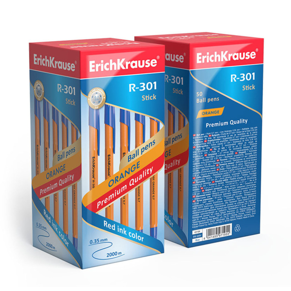 Ручка шариковая ERICH KRAUSE "R-301 Orange", СИНЯЯ, корпус оранжевый, узел 0,7 мм, линия письма 0,35 мм, 43194 - Ручки шариковые неавтоматические