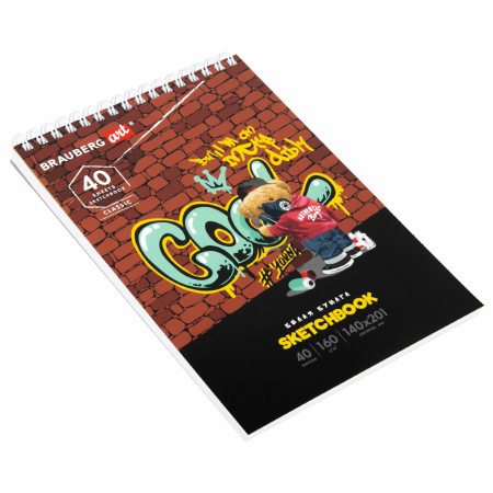 Скетчбук, белая бумага 160 г/м2, 140х201 мм, 40 л., гребень, подложка, BRAUBERG ART, &quot;Граффити&quot;, 115069 - Альбомы, скетчбуки и бумага для графики и эскизов