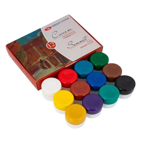 Набор художественных гуашевых красок "Сонет" 12 цветов в банках по 20мл - Гуашь художественная в наборах