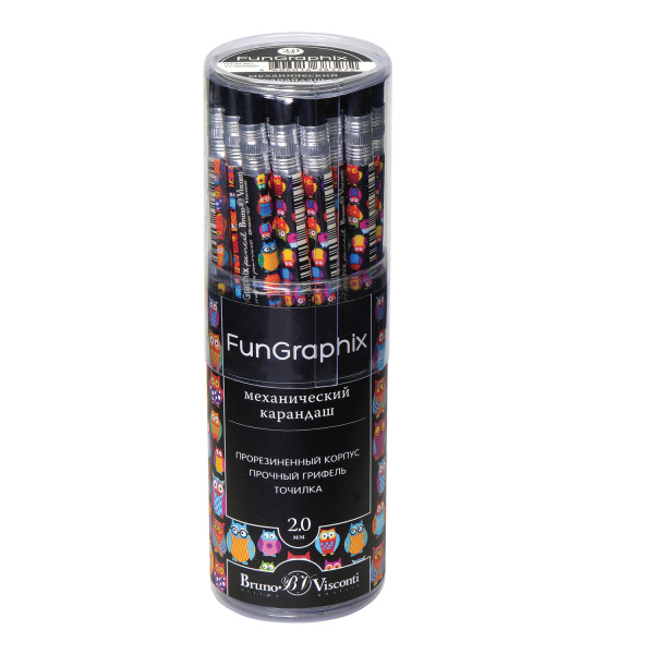 Карандаш механический цанговый 2 мм, BRUNO VISCONTI "FunGraphix", "Сказочные совы", точилка, 21-0041/05 - Карандаши механические