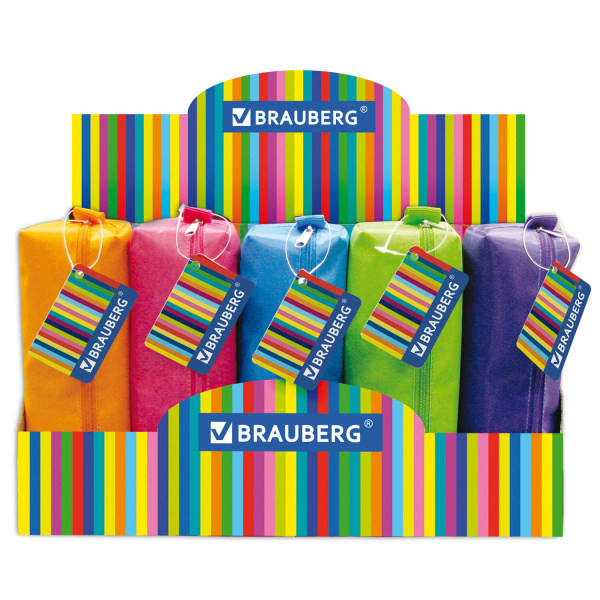 Пенал-косметичка BRAUBERG, ассорти 5 цветов, "Радуга", 20х6х4 см, дисплей, 223267 - Пеналы мягкие