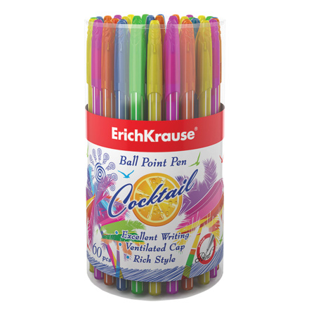 Ручка шариковая ERICH KRAUSE "Cocktail", СИНЯЯ, корпус ассорти, узел 0,6 мм, линия письма 0,32 мм, 33518 - Ручки шариковые неавтоматические