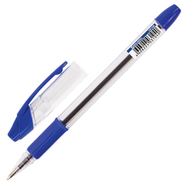 Ручка шариковая с грипом BRAUBERG "JAX", СИНЯЯ, корпус прозрачный, узел 0,7 мм, линия письма 0,35 мм, 141149 - Ручки шариковые неавтоматические