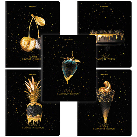Тетрадь А5, 48 л., BRAUBERG, скоба, клетка, матовая ламинация, фольга, "Black&Gold", 1 шт, 404370 - Тетради 40-48 листов