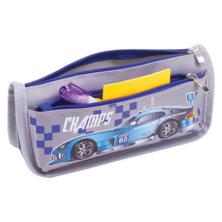 Пенал ЮНЛАНДИЯ для мальчиков, 2 отделения, мягкий, "Машина", серый, 21х6х9 см, 228983 - Пеналы мягкие