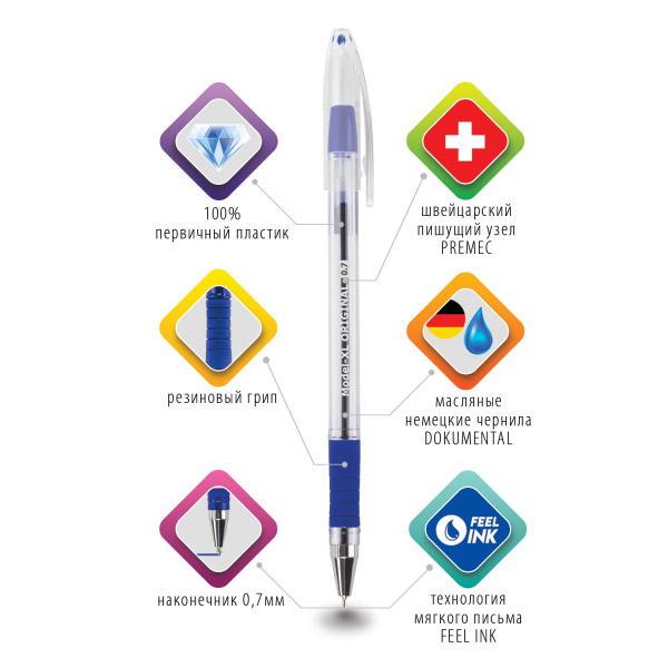 Ручка шариковая масляная с грипом BRAUBERG "Model-XL" ORIGINAL, СИНЯЯ, узел 0,7 мм, линия письма 0,35 мм, 1 шт, 143242 - Ручки шариковые неавтоматические