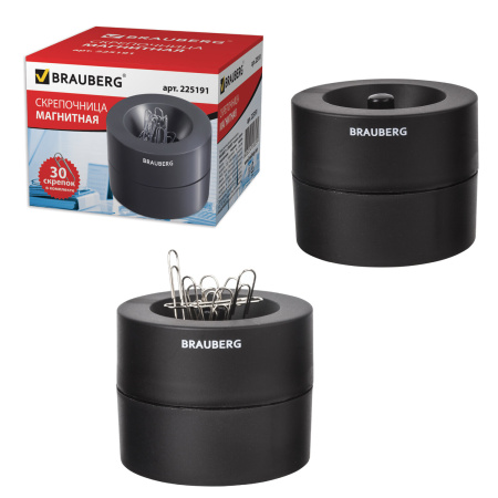 Скрепочница магнитная BRAUBERG с 30 скрепками, большой бочонок, черная, 225191 - Диспенсеры для скрепок