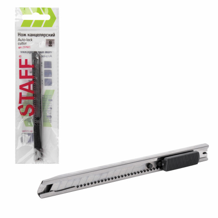 Нож канцелярский 9 мм STAFF "Manager", усиленный, металлический корпус, автофиксатор, клип, 237081 - Ножи канцелярские универсальные
